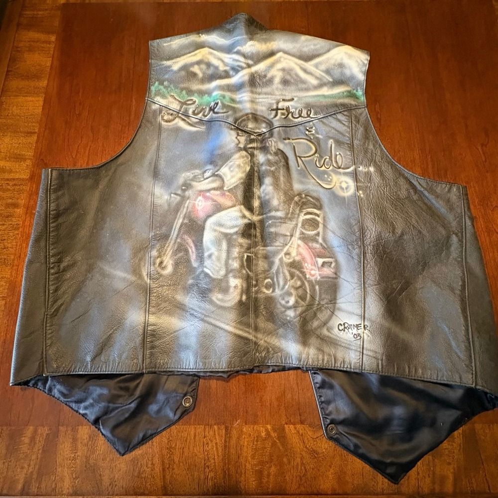 Vtg Leather Gallery Biker Vest Size‎ 50 (3XL) Custom Airbrush "Live Free Ride"